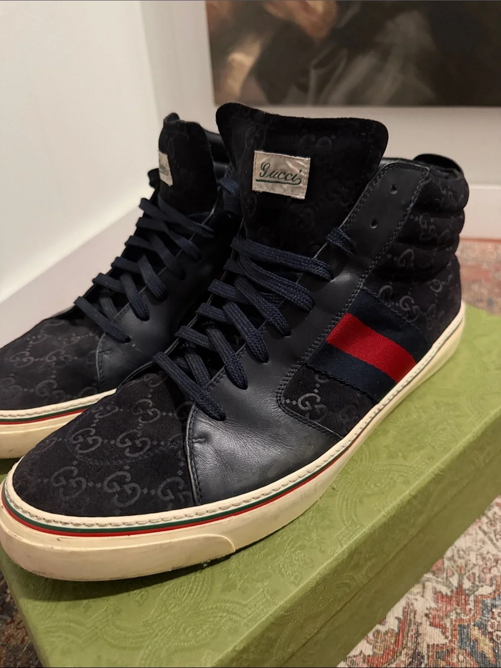 Men's ✨GUCCI ✨Navy High-Top Sneakers with Red & Blue Stripe  MADE IN 🇮🇹 ITALY